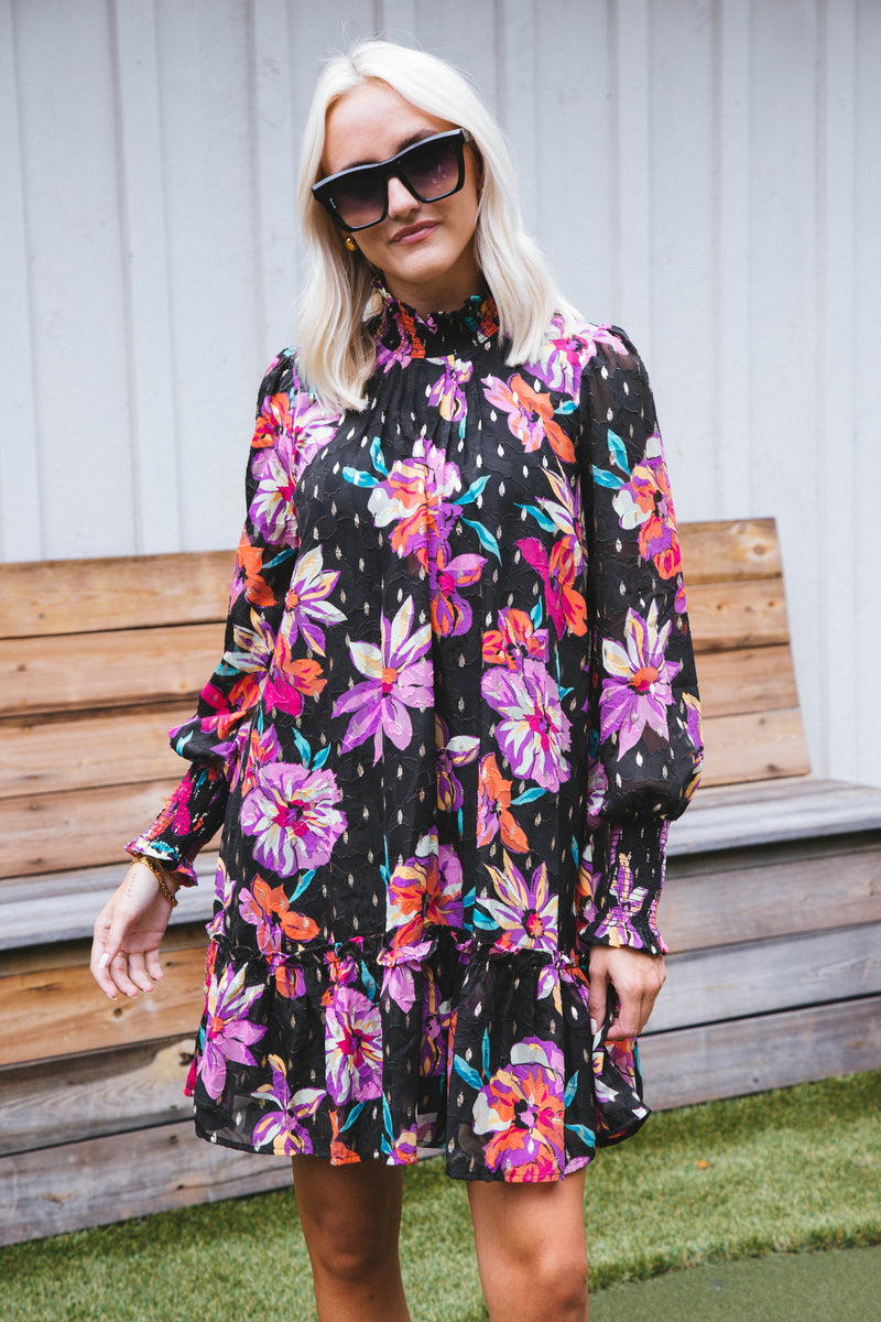 Helia Floral Dress, Black Multi