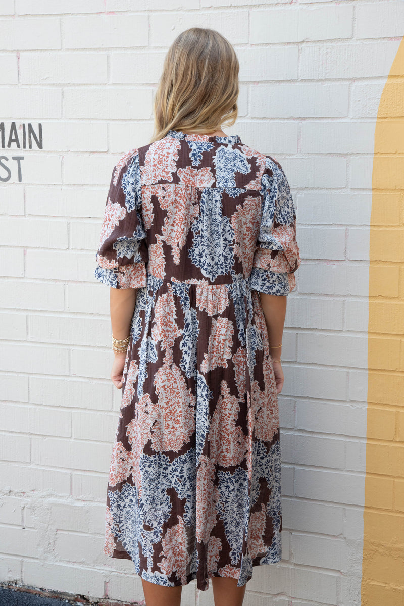 Amaris Paisley Print Midi Dress, Brown