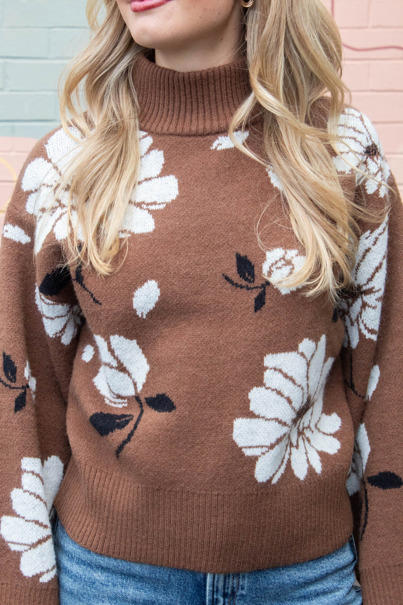 Sutton Floral Mock Neck Sweater, Brown Mix