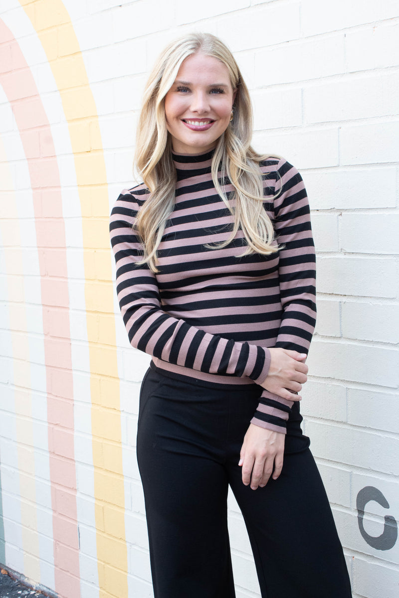 Mock Neck Essential Top, Mocha/Black Stripe | Sanctuary