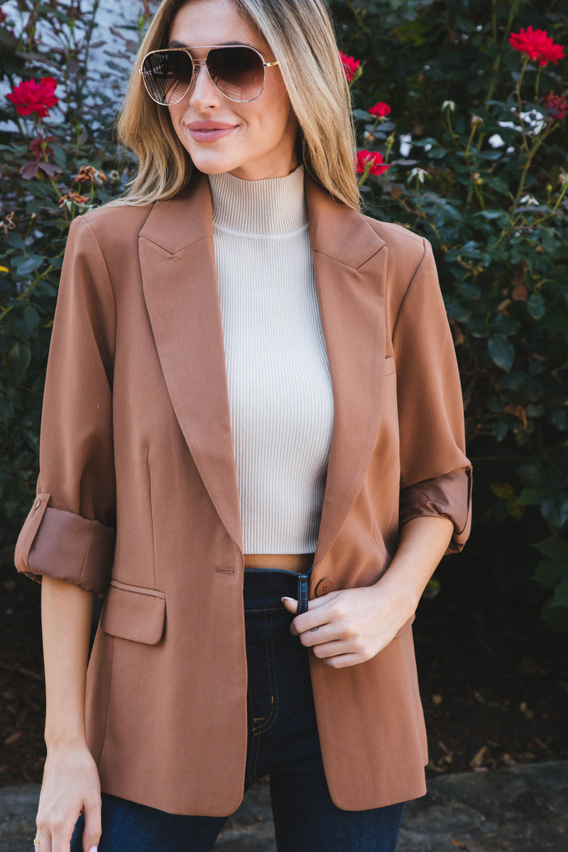 Lizzy Roll Sleeve Blazer, Toffee | Velvet Heart
