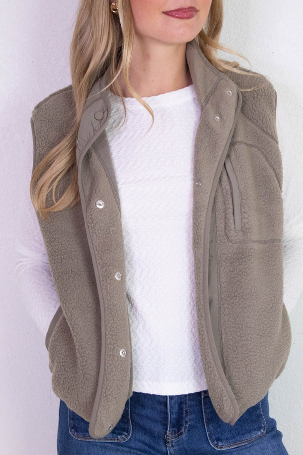 Elena Fleece Button Up Vest, Olive