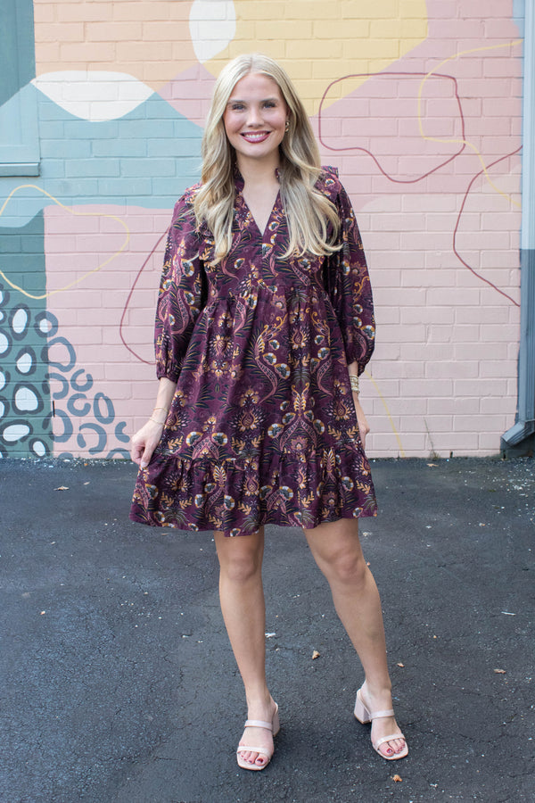 Kylie Printed Ruffle Detailed Dress, Wine Mix