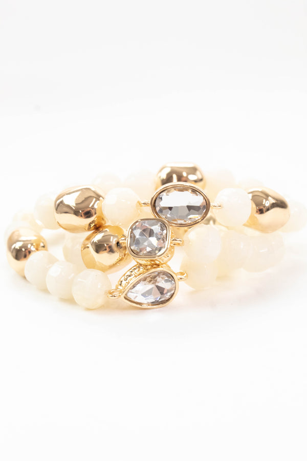 Elliana Natural Stone & Gold Beaded Bracelets, Ivory