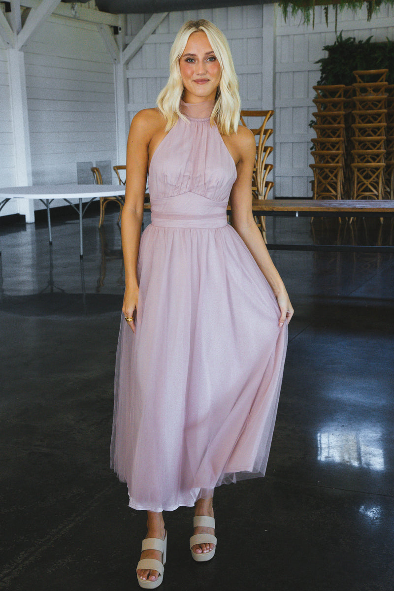 Pink Sunset Halter Tulle Midi Dress, Blush