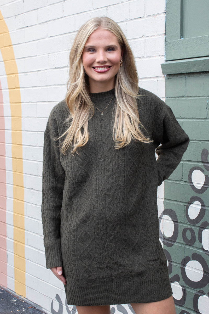 Kehlani Cable Knit Sweater Dress, Olive