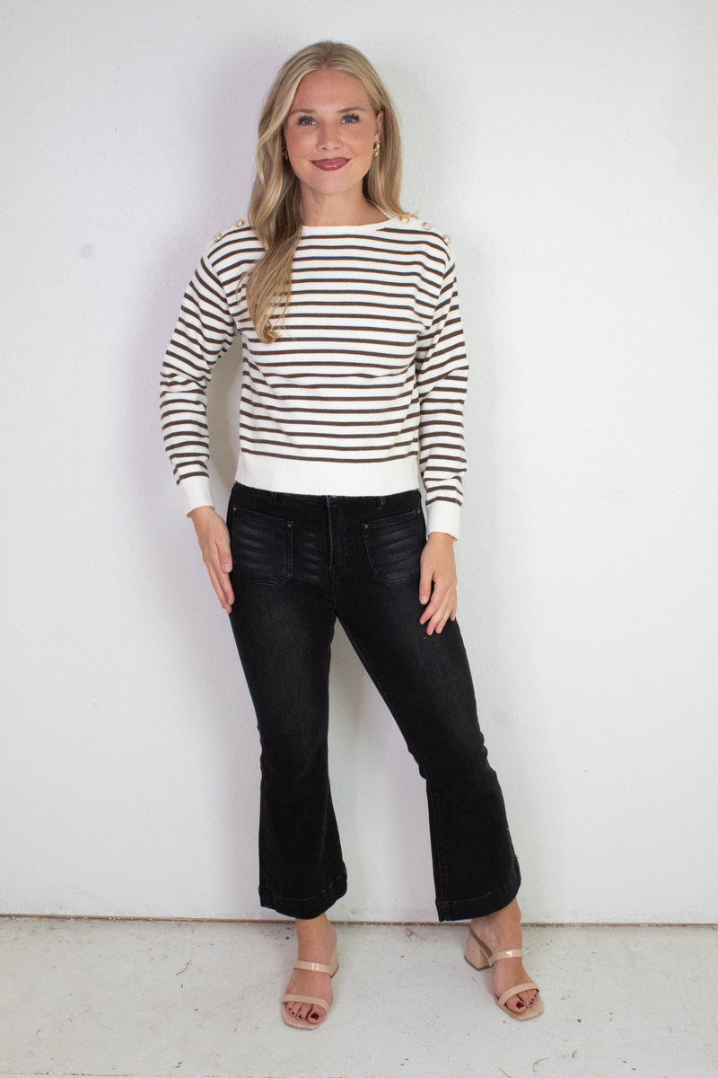 Eloise Buttoned Shoulder Sweater, Cream/Brown