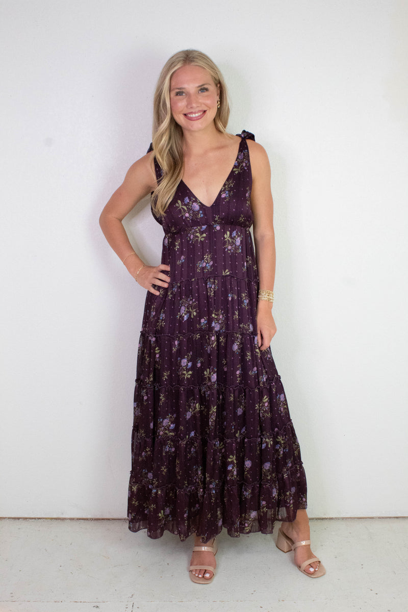 Gigi Tie Strap Printed Maxi Dress, Plum Multi Floral