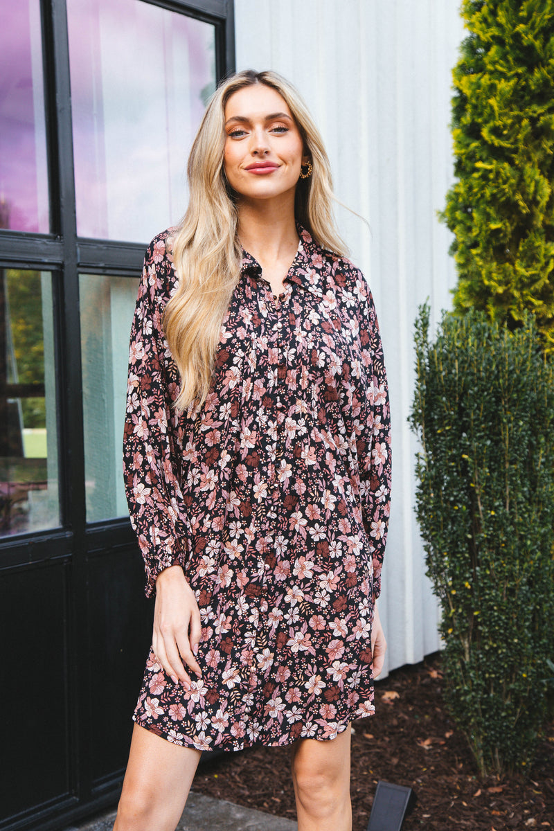 Magdelena Floral Shirt Dress, Black