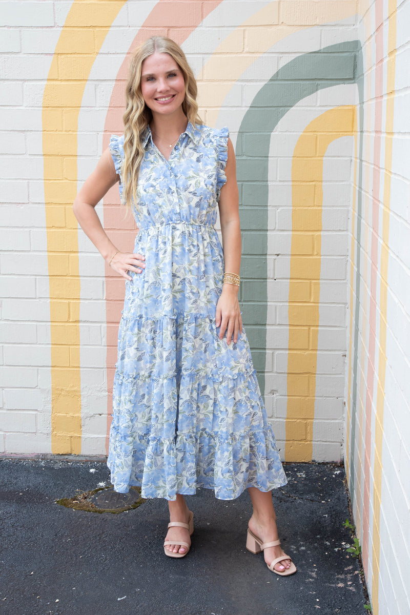 Novah Floral Print Collared Midi Dress, Blue