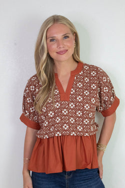 Harriet Mix Media Peplum Top, Rust