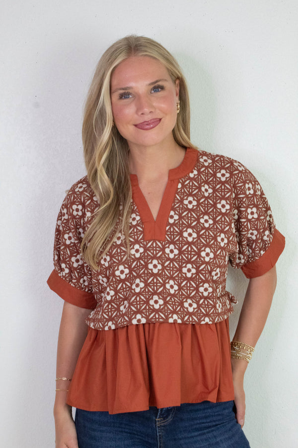 Harriet Mix Media Peplum Top, Rust