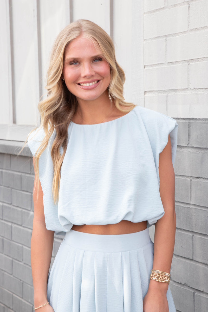 Abigail Bubble Hem Crop Top, Light Blue