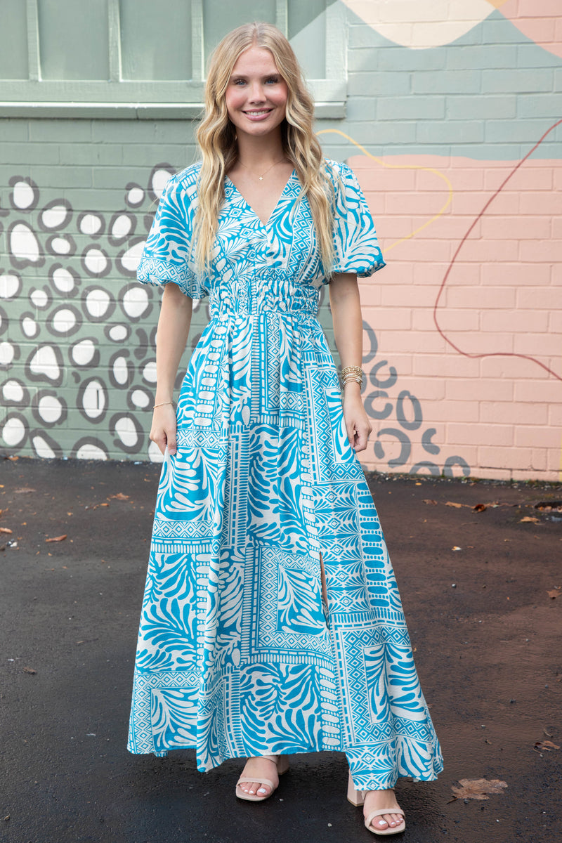 Elle Puff Sleeve Printed Maxi Dress, Turquoise