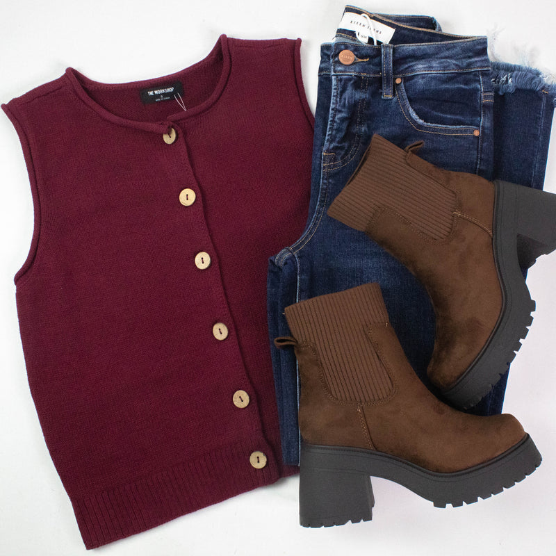 Lina Raw Edge Cardigan Vest, Burgundy