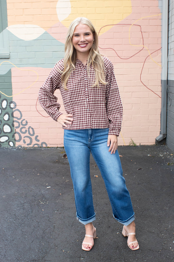 Emilia Checkered Shirt, Burgundy Taupe