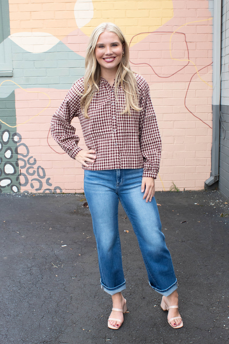 Emilia Checkered Shirt, Burgundy Taupe