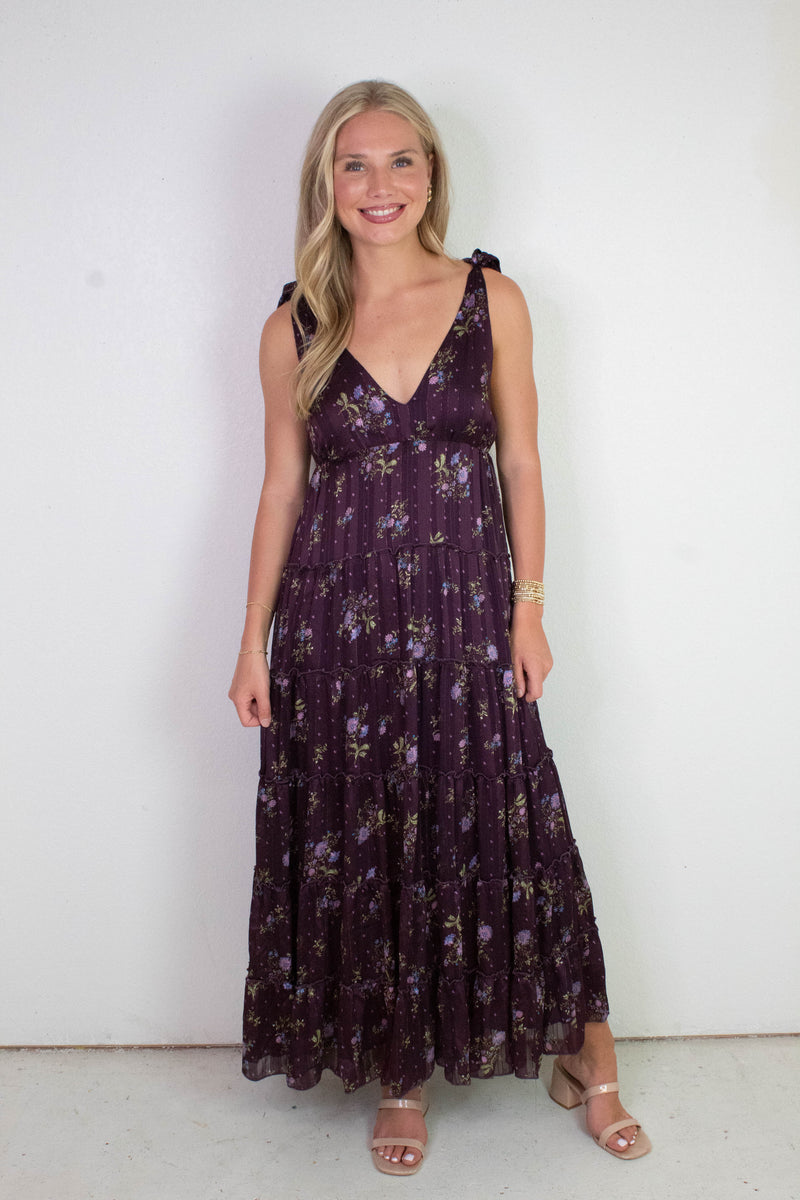 Gigi Tie Strap Printed Maxi Dress, Plum Multi Floral