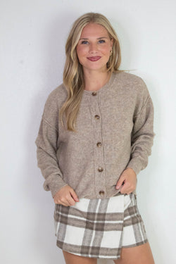 Aria Rib Trim Round Neck Cardigan, Khaki