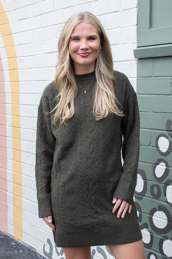 Kehlani Cable Knit Sweater Dress, Olive
