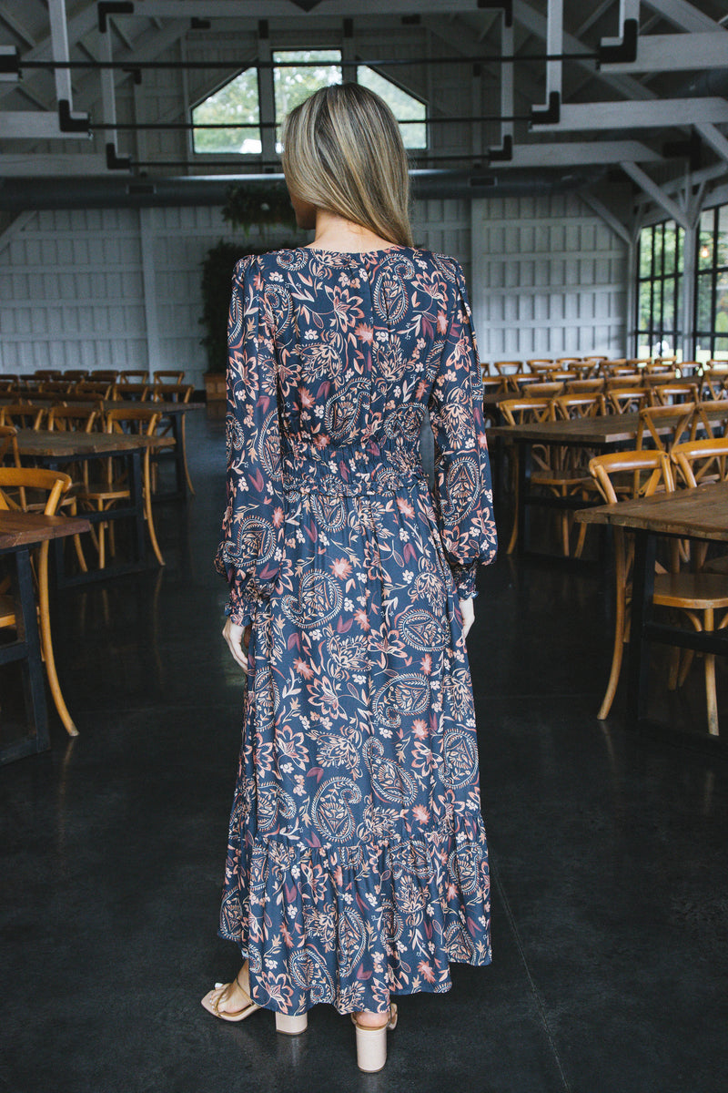 Bryn Paisley Maxi Dress, Navy/Brown
