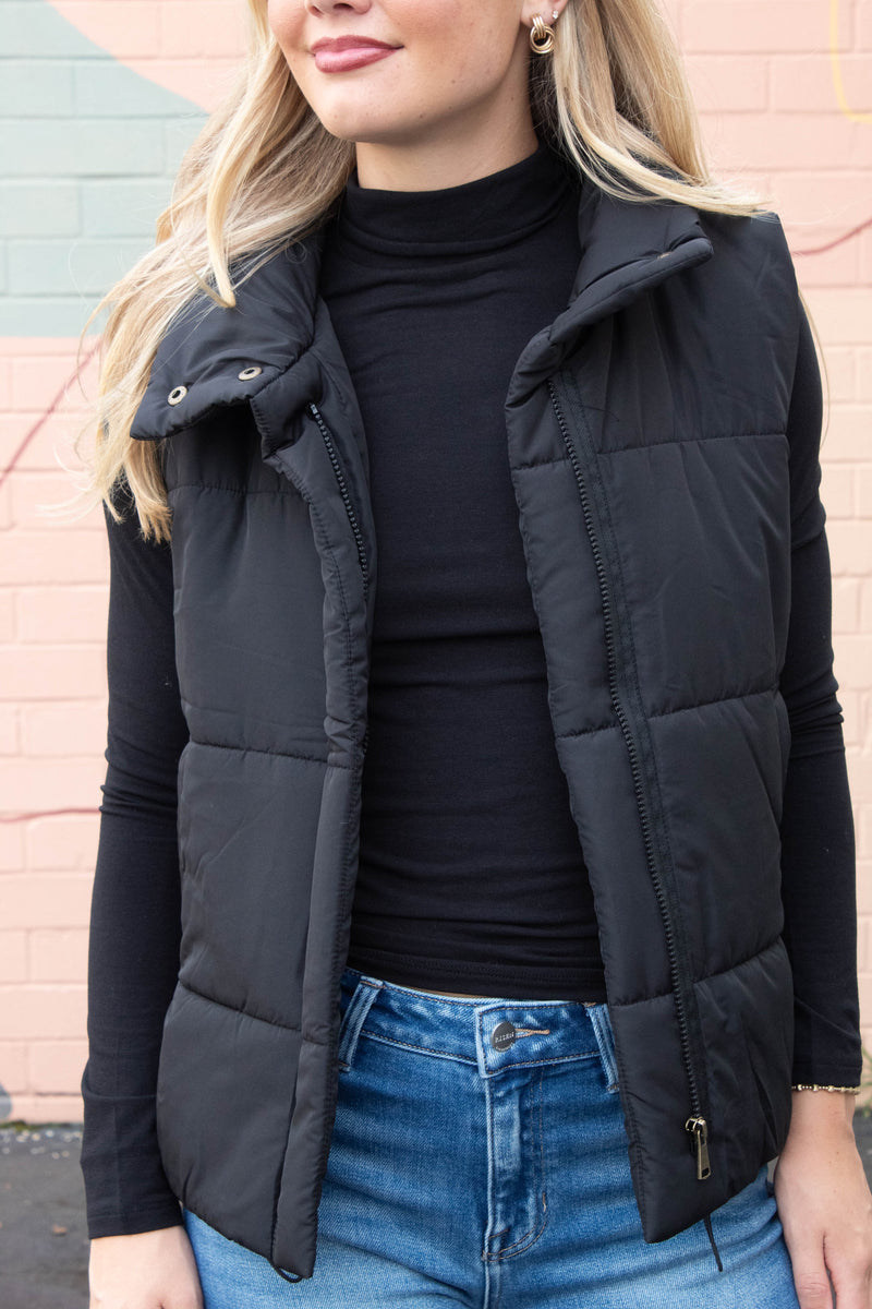 Liv Solid Zip Up Puffer Vest, Black