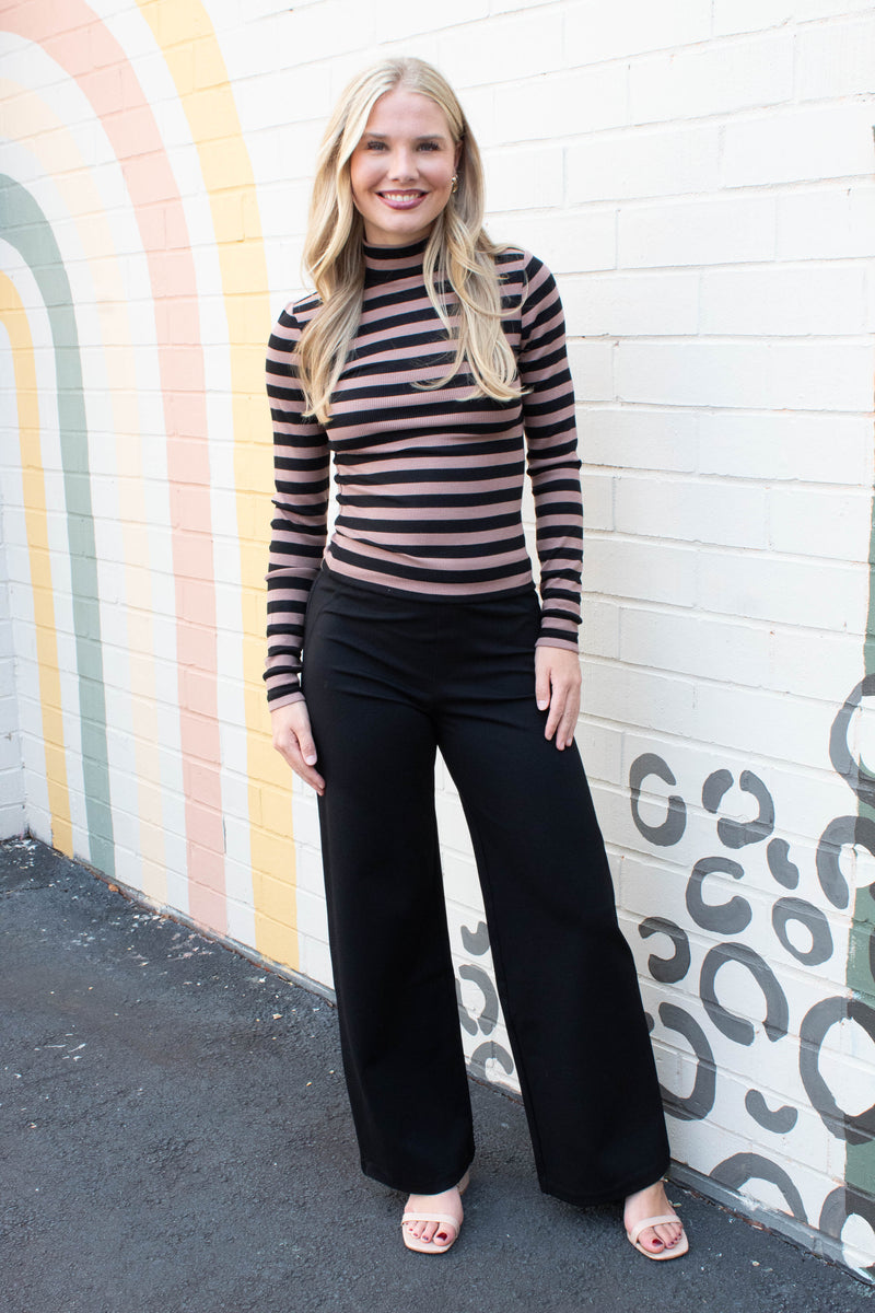 Mock Neck Essential Top, Mocha/Black Stripe | Sanctuary