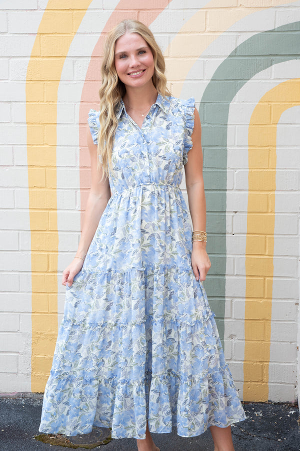 Novah Floral Print Collared Midi Dress, Blue