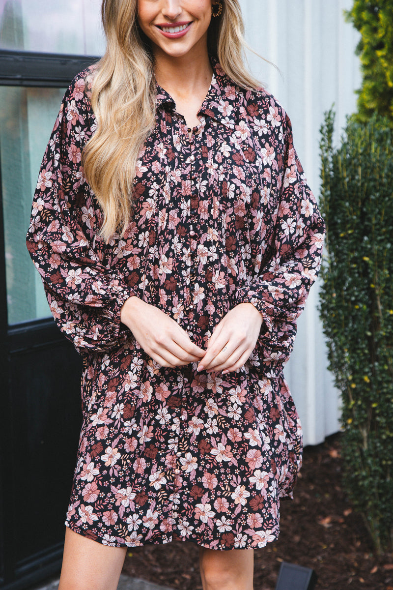 Magdelena Floral Shirt Dress, Black