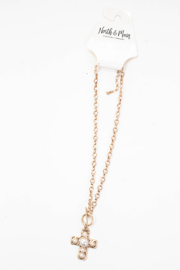 Lina Pearl Studded Cross Chain Necklace, Gold