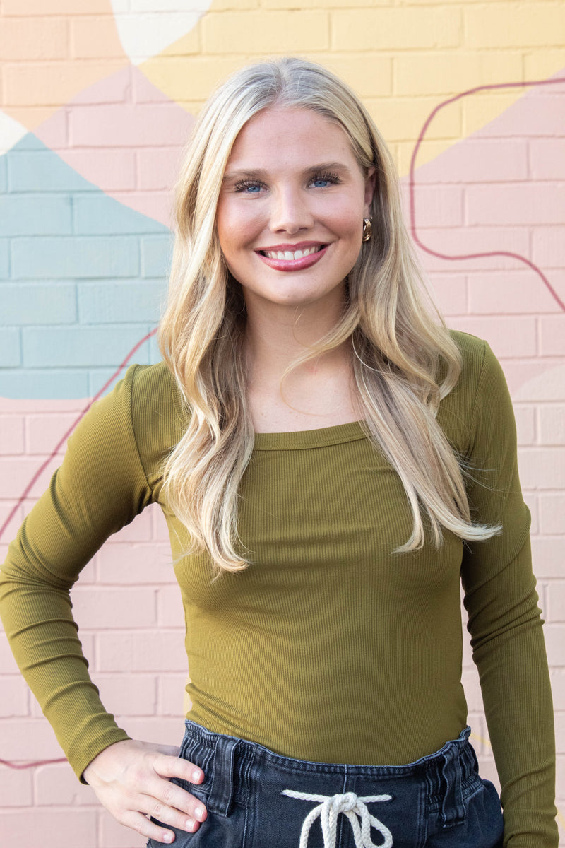 Lilah Slim Fit Ribbed Top, Camo Green