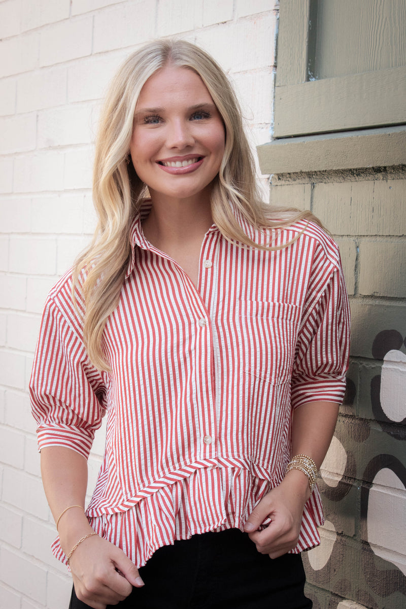 Indie Striped Ruffle Hem Button Up Top, Brick