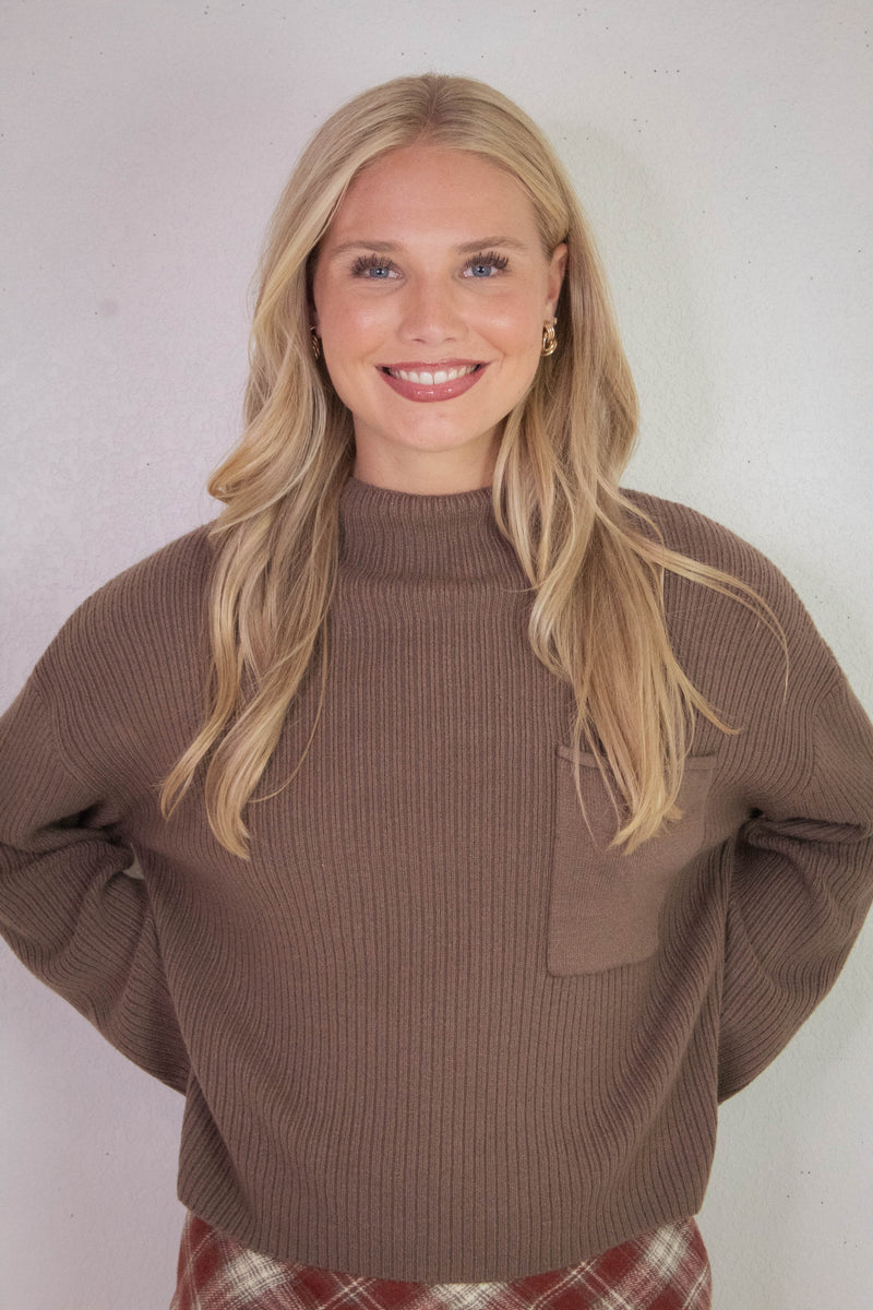 Cleo Mock Neck Chest Pocket Sweater, Mocha