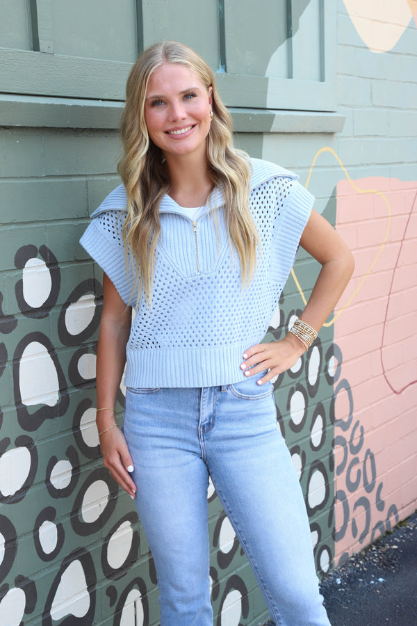 Lila Collared Half Zip Sweater Vest, Light Blue