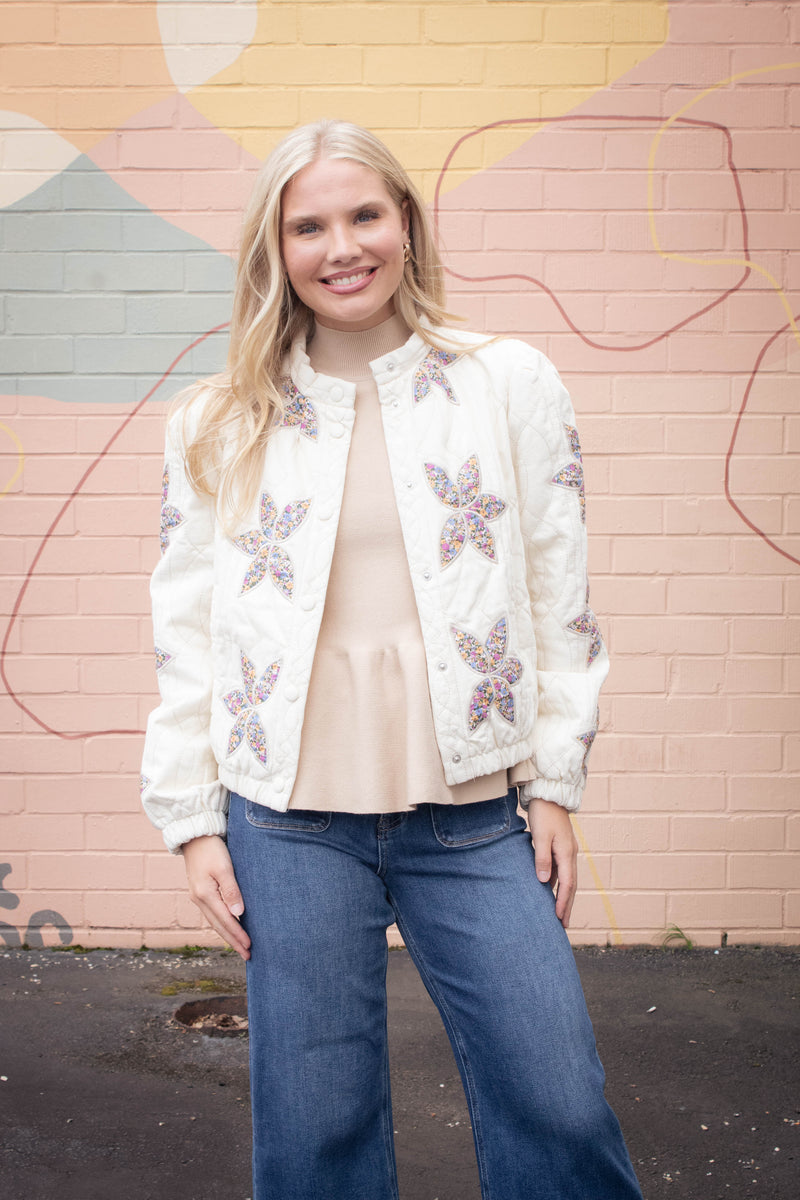 Enid Floral Applique Quilted Jacket, Cream