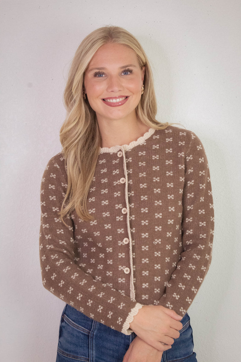 Lia Printed Contrast Scallop Trim Cardigan, Cocoa