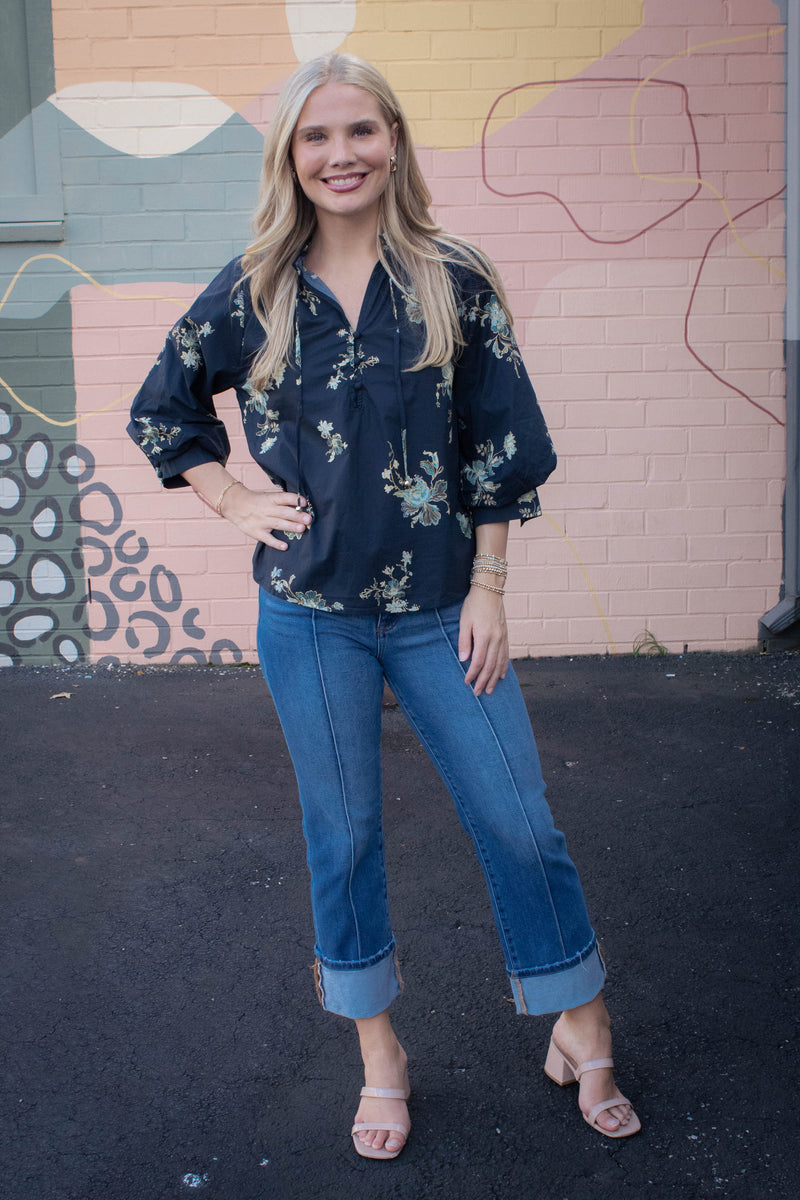 Mila Floral Tie Neck Top, Black
