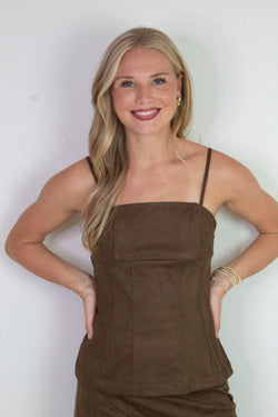 Autumn Square Neck Suede Top, Dark Oak