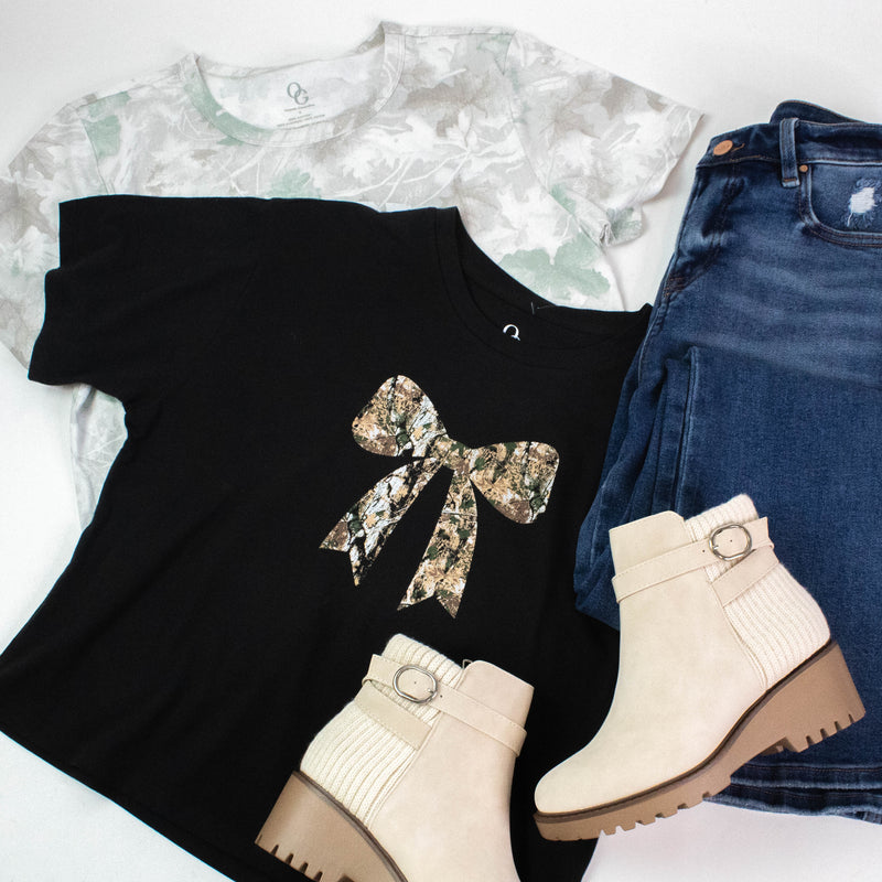 Camo Bow Baby Tee, Washed Black