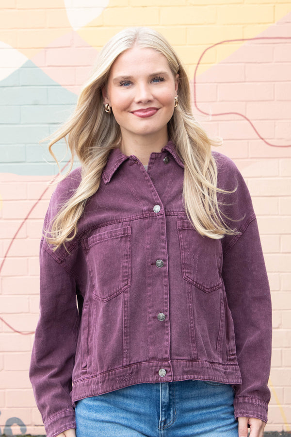 Audrey Button Down Denim Jacket, Cherry Lacquer