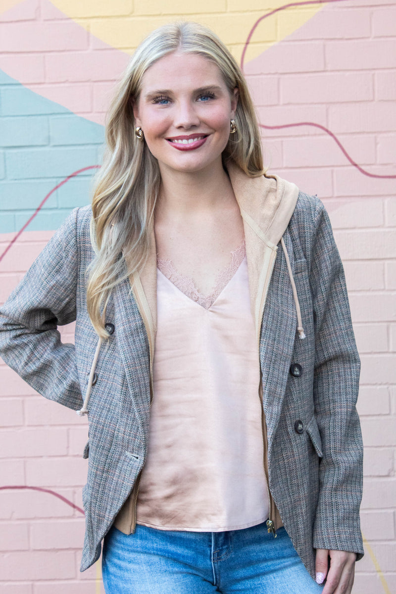 Jovie Herringbone Pattern Hooded Blazer, Tan Combo