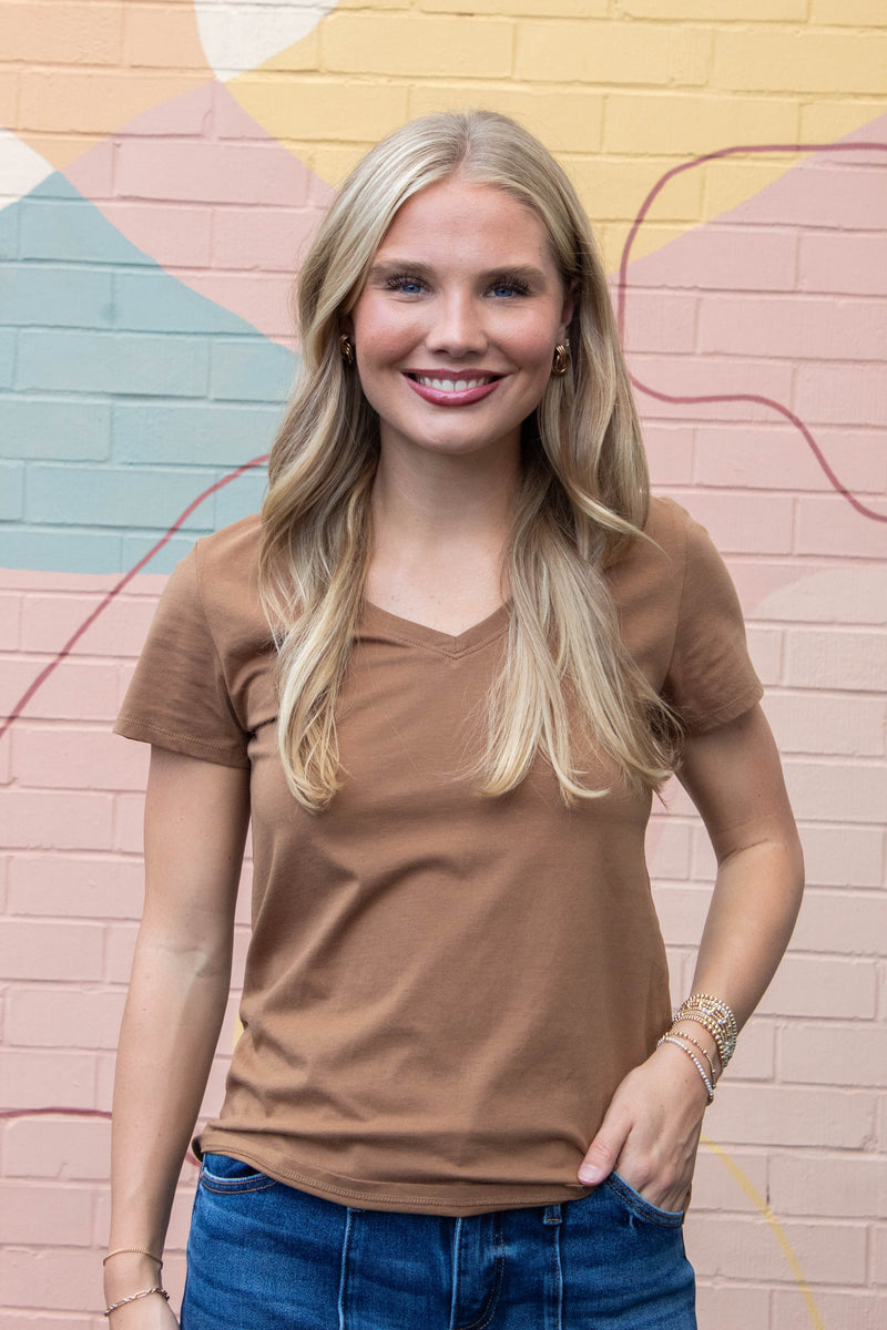 Tatum Cotton Jersey V-Neck Tee, Bronze Brown