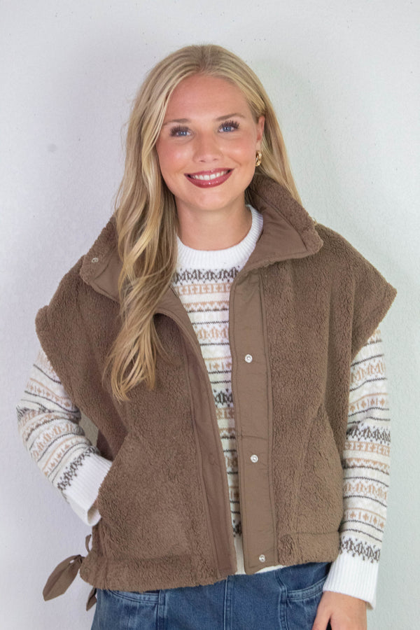Addison Button Front Faux Fur Vest, Brown
