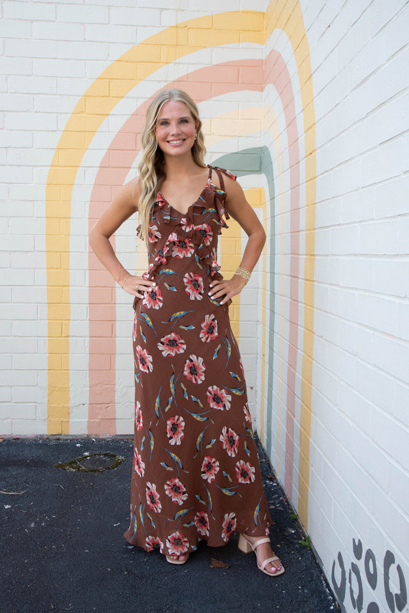 Adalina Floral Ruffled Maxi Dress, Brown | Steve Madden North & Main Clothing Company Adalina Floral Ruffled Maxi Dress, Brown | Steve Madden North & Main Clothing Company