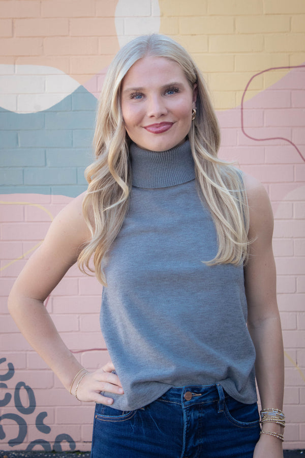 Zoe Sleeveless Turtle Neck Top, Heather Grey