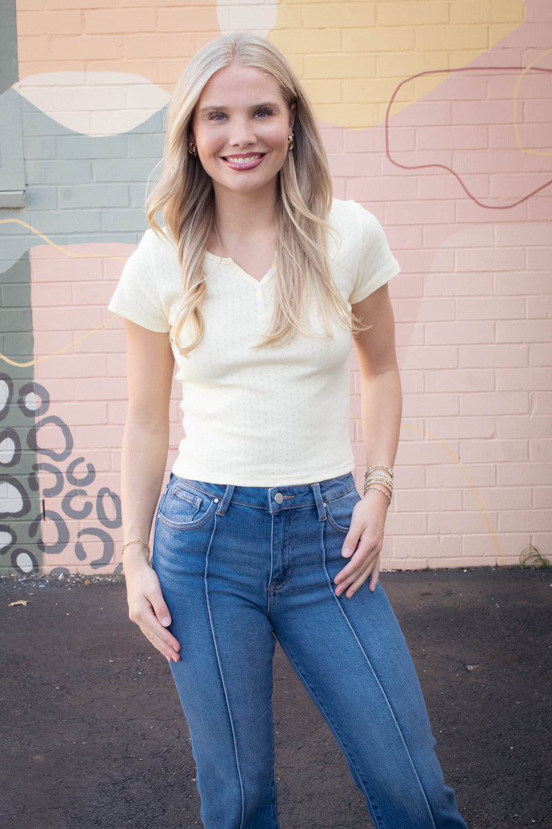 Julia Pointelle Knit Henley Top, Butter