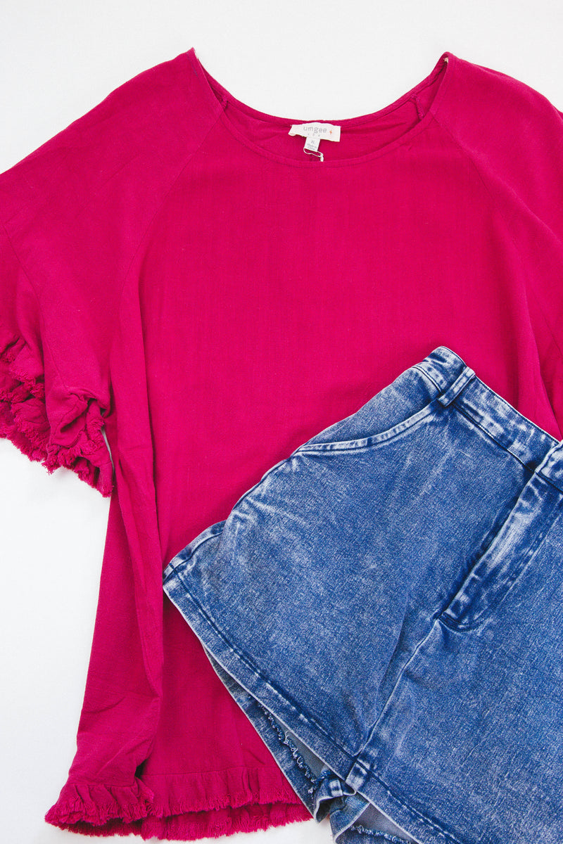 Margot Frayed Linen Top, Ruby | Extended Sizes