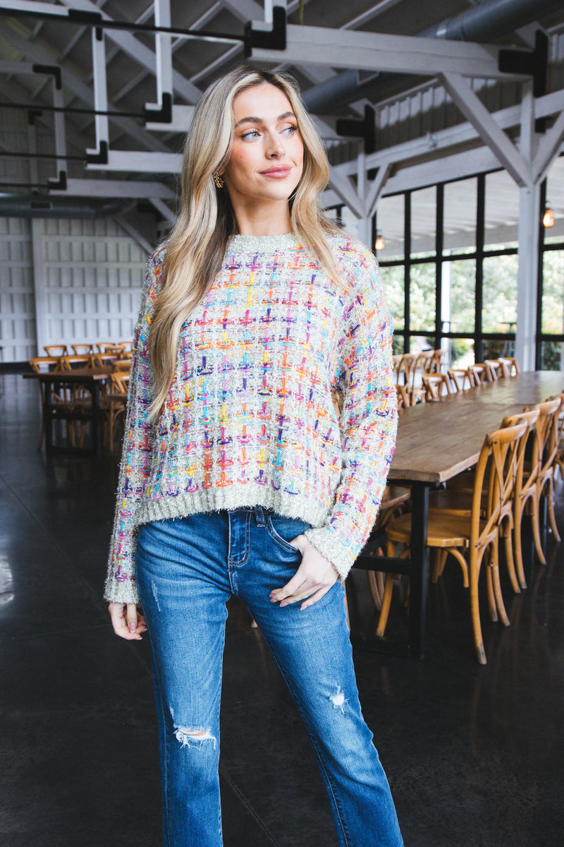 Millard Tweed Knit Sweater, Cream Multi