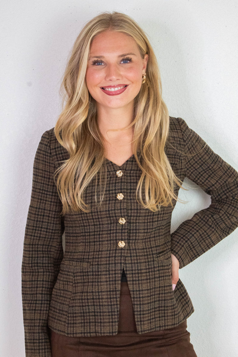 Cassandra Plaid Tweed Blazer, Brown Multi