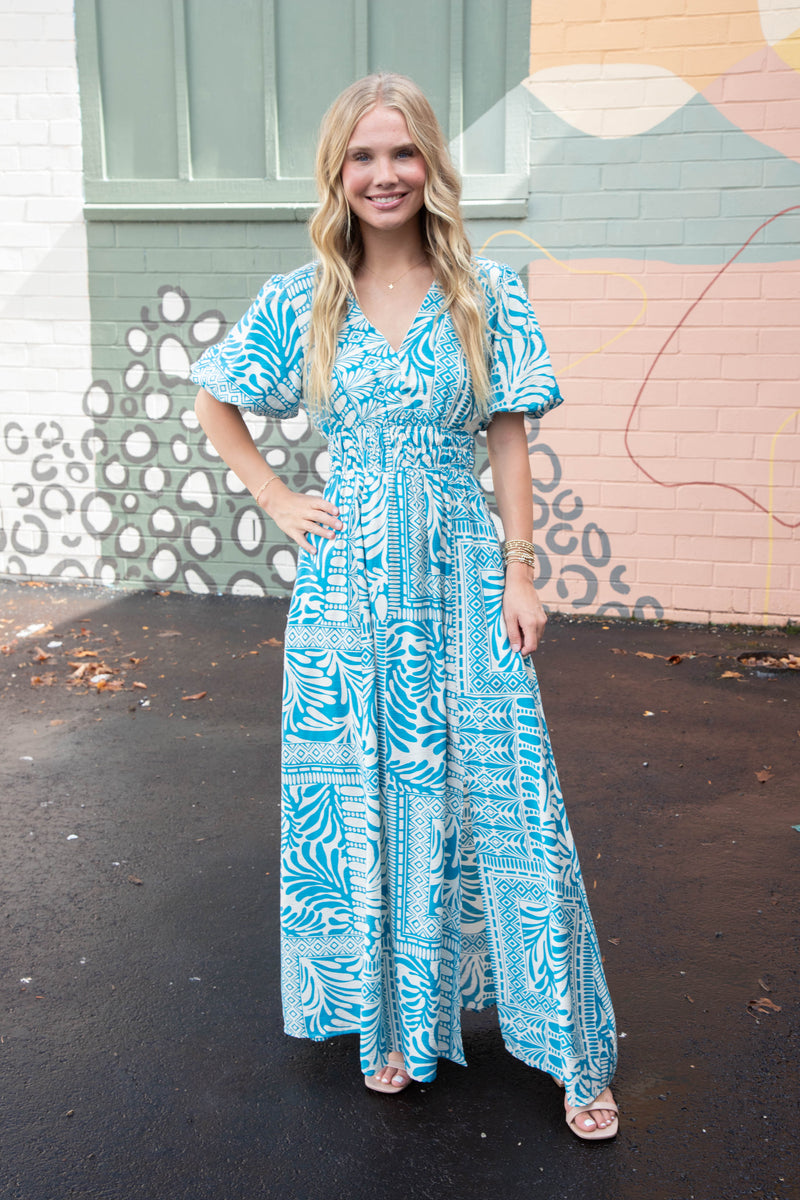 Elle Puff Sleeve Printed Maxi Dress, Turquoise